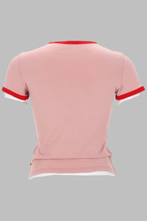 Diesel women’s pink short-sleeved crop top with red and white trim on collar sleeve cuffs and hem