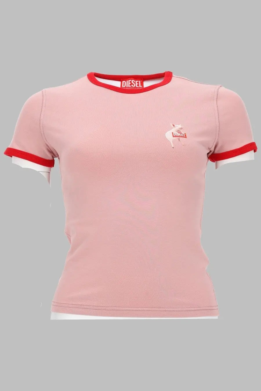 Pink diesel t-shirt with red and white trim on collar sleeves and hem from diesel women’s shirt con stampa blue collection