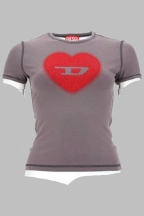 Gray diesel womens t shirt featuring a red glitter heart with studs and the brand logo at its center