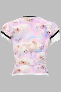 Diesel women’s cropped short-sleeved shirt with vibrant holographic white pigs print on pink blue iridescent fabric with black ruffles