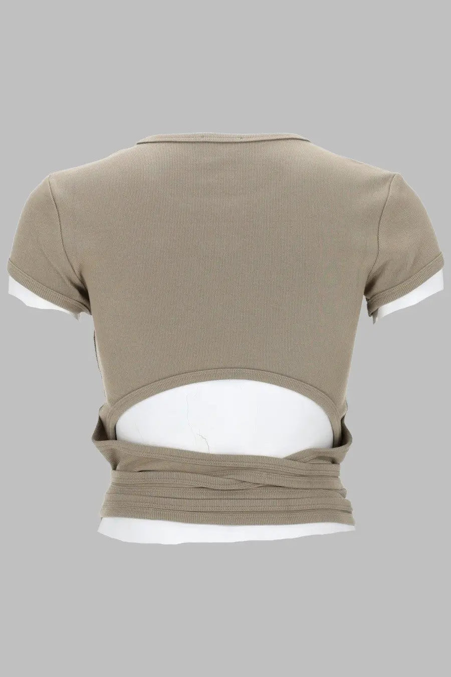 Diesel women’s beige ribbed crop top with white lining and wrap-around tie at the waist in cotton blend material