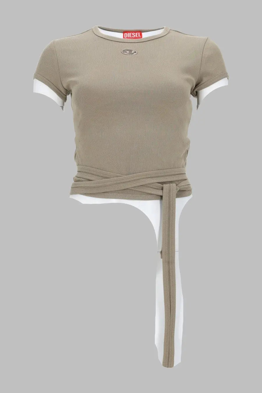 Beige ribbed short-sleeved diesel women’s shirt costine con lacci with white sleeve cuffs and tie-waist belt featuring logo