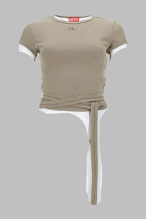 Beige ribbed short-sleeved diesel women’s shirt costine con lacci with white sleeve cuffs and tie-waist belt featuring logo