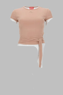 Diesel women’s dusty rose short-sleeved shirt with white lining and fabric waist tie for casual wear