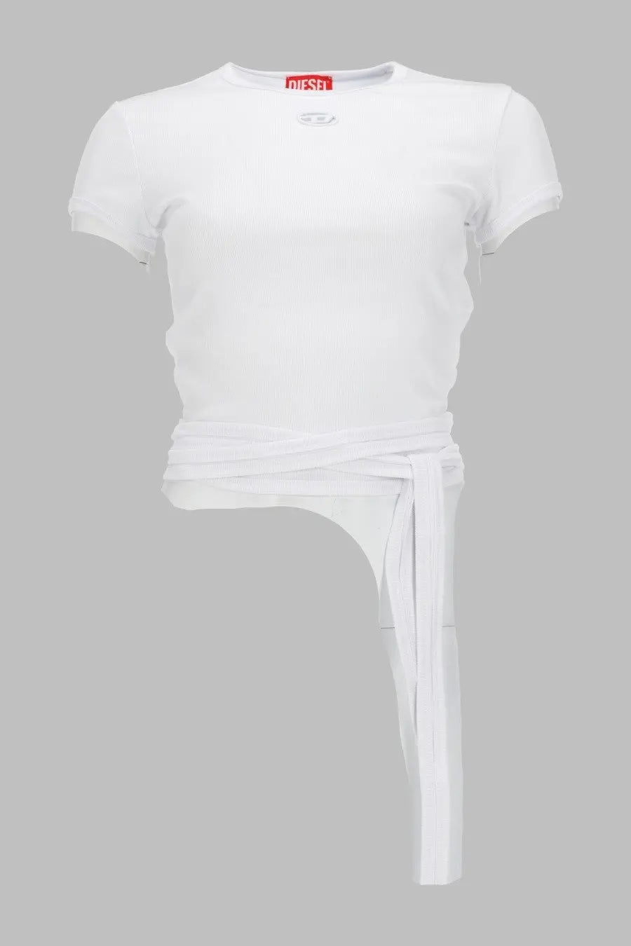 White cropped t-shirt with short sleeves and tied waistband featuring diesel brand label at neckline