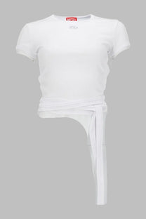 White cropped t-shirt with short sleeves and tied waistband featuring diesel brand label at neckline
