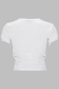 Diesel women’s white cropped t-shirt with short sleeves and twisted ruched hemline in soft cotton material