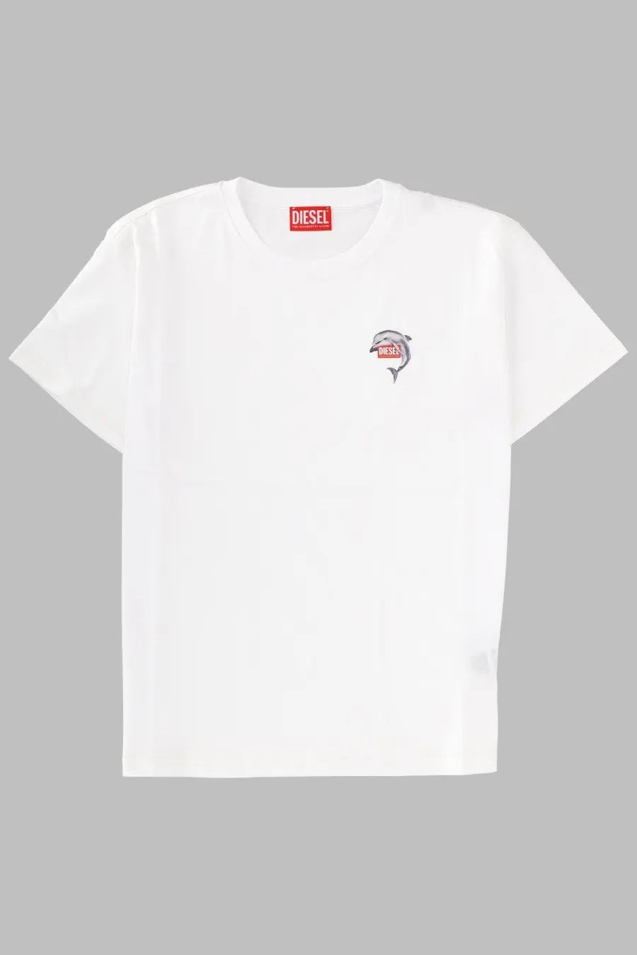White diesel women’s cotton t-shirt featuring a small embroidered dolphin with the brand logo on the chest