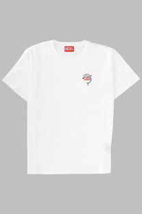 White diesel women’s cotton t-shirt featuring a small embroidered dolphin with the brand logo on the chest