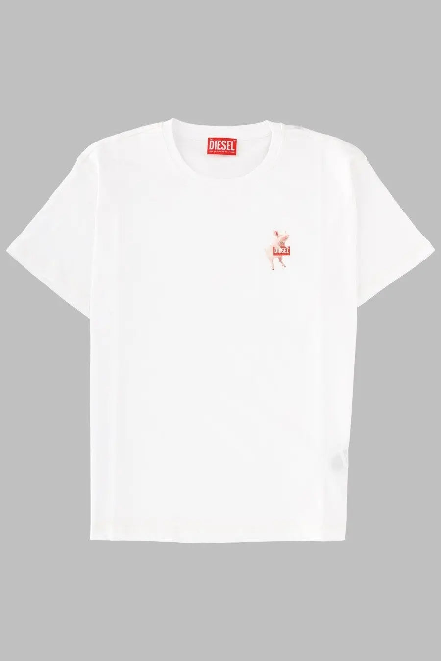 Diesel women’s white cotton t-shirt with a small pink pig graphic and diesel text on the chest