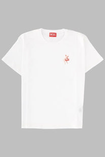 Diesel women’s white cotton t-shirt with a small pink pig graphic and diesel text on the chest