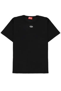 Diesel women’s black t-shirt with small white embroidered logo on chest and red brand tag at neckline