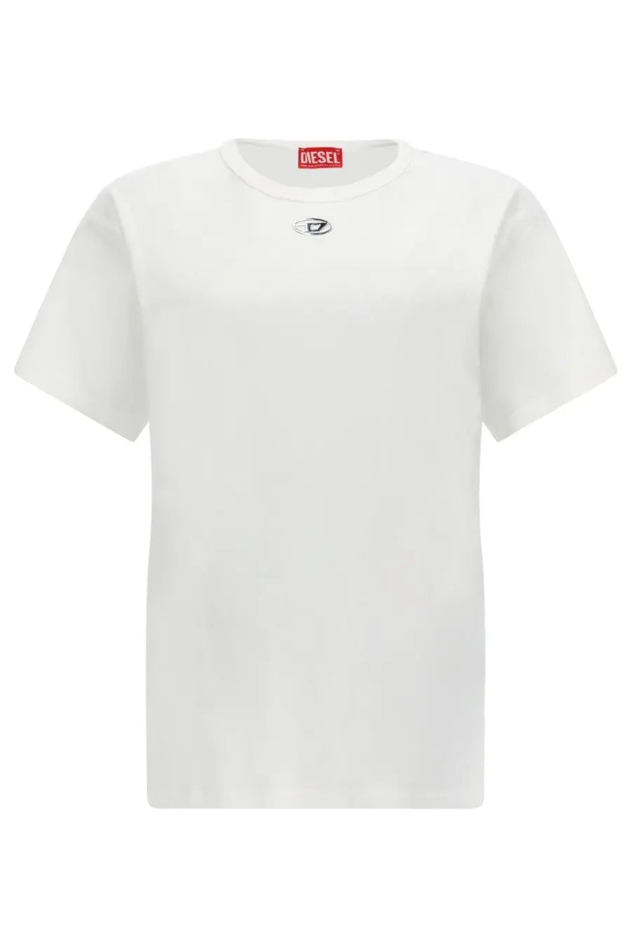 Diesel women’s shirt Normy white with a small black chest logo and red brand tag at the neckline