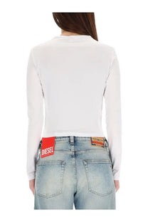 Back view of diesel women’s uncutie long white shirt featuring a cropped hem and logo on the waistband