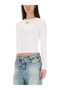 Diesel women’s white long-sleeved crop top shirt with small metallic logo on the chest for casual wear
