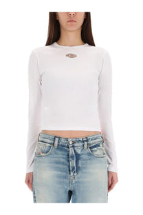 Diesel women’s white long-sleeved crop top with subtle metallic logo at the neckline uncutie long shirt