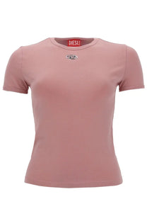 Diesel women’s dusty rose diesel short sleeve t-shirt with metallic logo and red brand tag at neckline