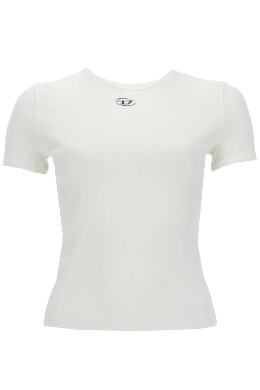 Diesel women’s white short-sleeved cotton shirt with a subtle black logo at the neckline