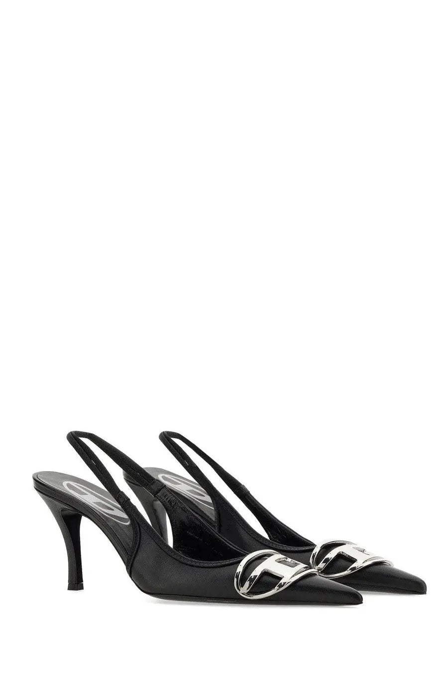 Diesel women’s shoe Venus black black leather slingback heels with silver metallic logo accent at the toe