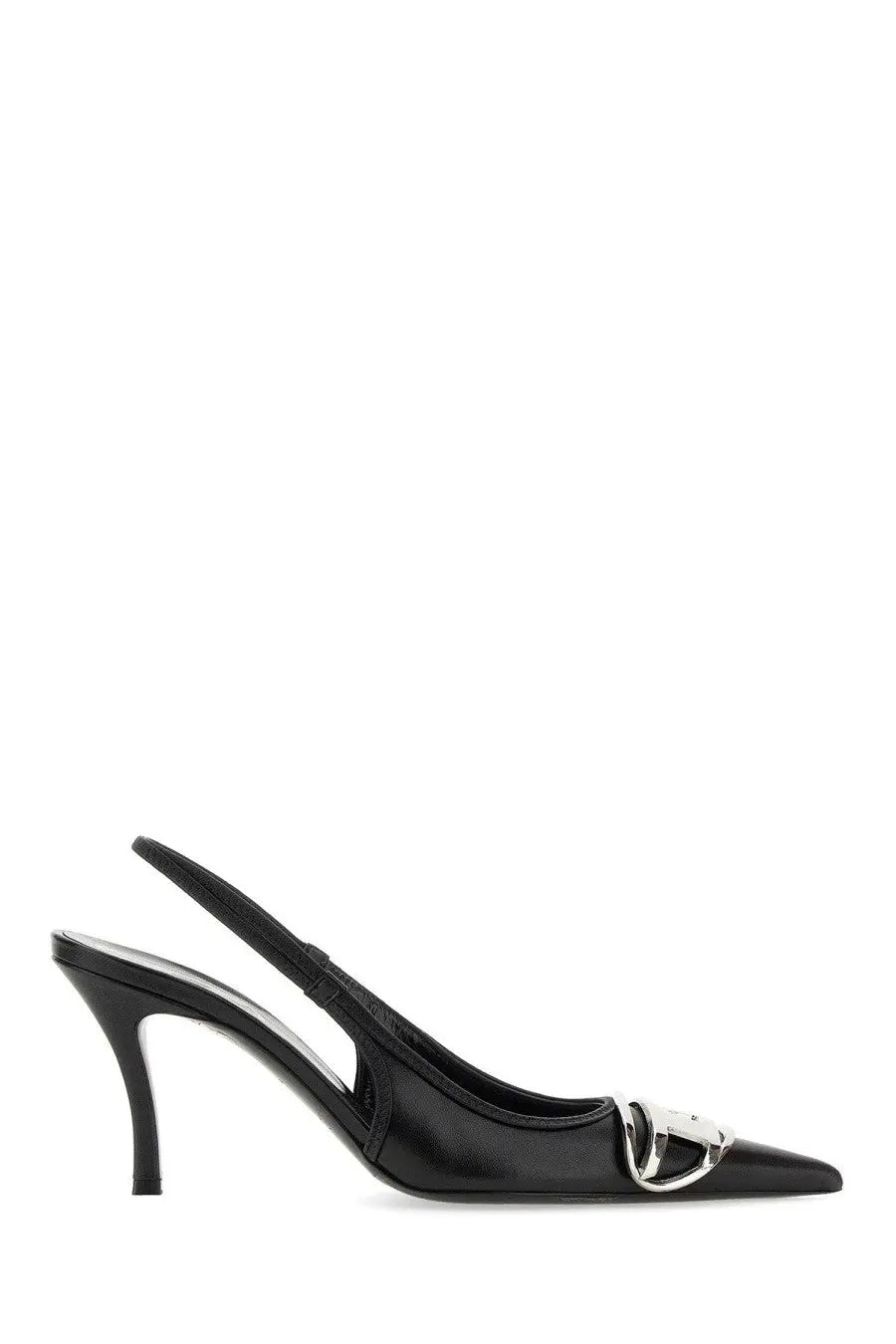 Black leather slingback pump with silver metal buckle at toe diesel women’s shoe venus black
