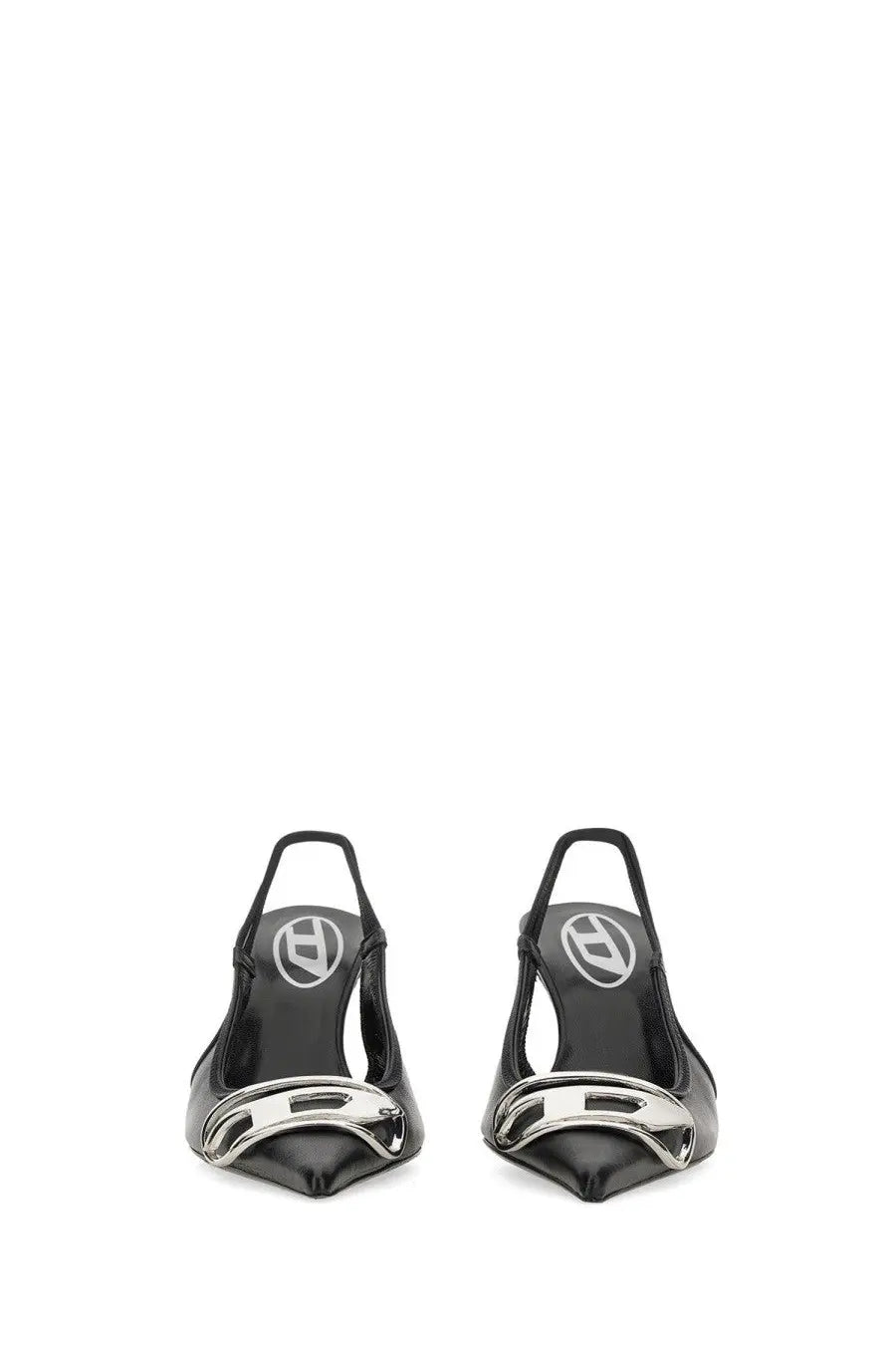Diesel women’s shoe Venus black black patent leather slingback heels with silver-tone metallic f logo buckle at toe