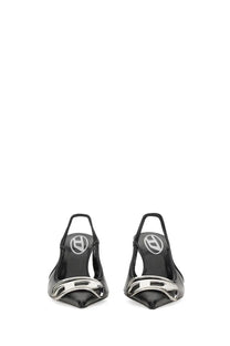 Diesel women’s shoe Venus black black patent leather slingback heels with silver-tone metallic f logo buckle at toe