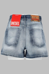 Diesel women’s shorts de helios light-wash denim blue with faded distressed look and classic back pockets shown from back