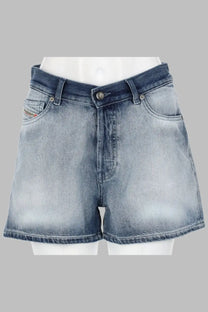 Diesel women’s light-wash denim blue shorts with high waist five-pocket design and subtle fading for worn-in look