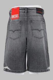 Grey distressed denim shorts with black stitching and red diesel brand tag for women in denim grey