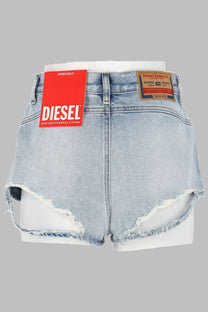 Diesel women’s light-wash denim shorts with frayed hem and red diesel brand tag in blue