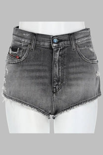 Diesel women’s distressed black denim shorts with frayed hem and branded patch on front pocket