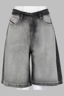 Diesel women’s denim shorts in distressed black and gray with high waist and five-pocket design featuring logo