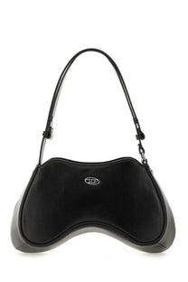 Diesel women’s black leather shoulder bag with sleek curved design and silver logo emblem for stylish use