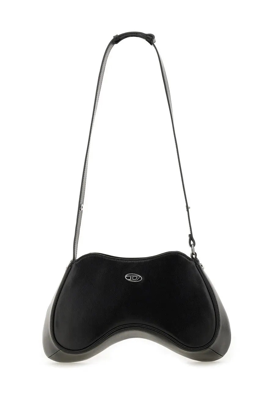 Diesel women’s shoulder bag play black in black leather with sleek curved design and silver logo emblem