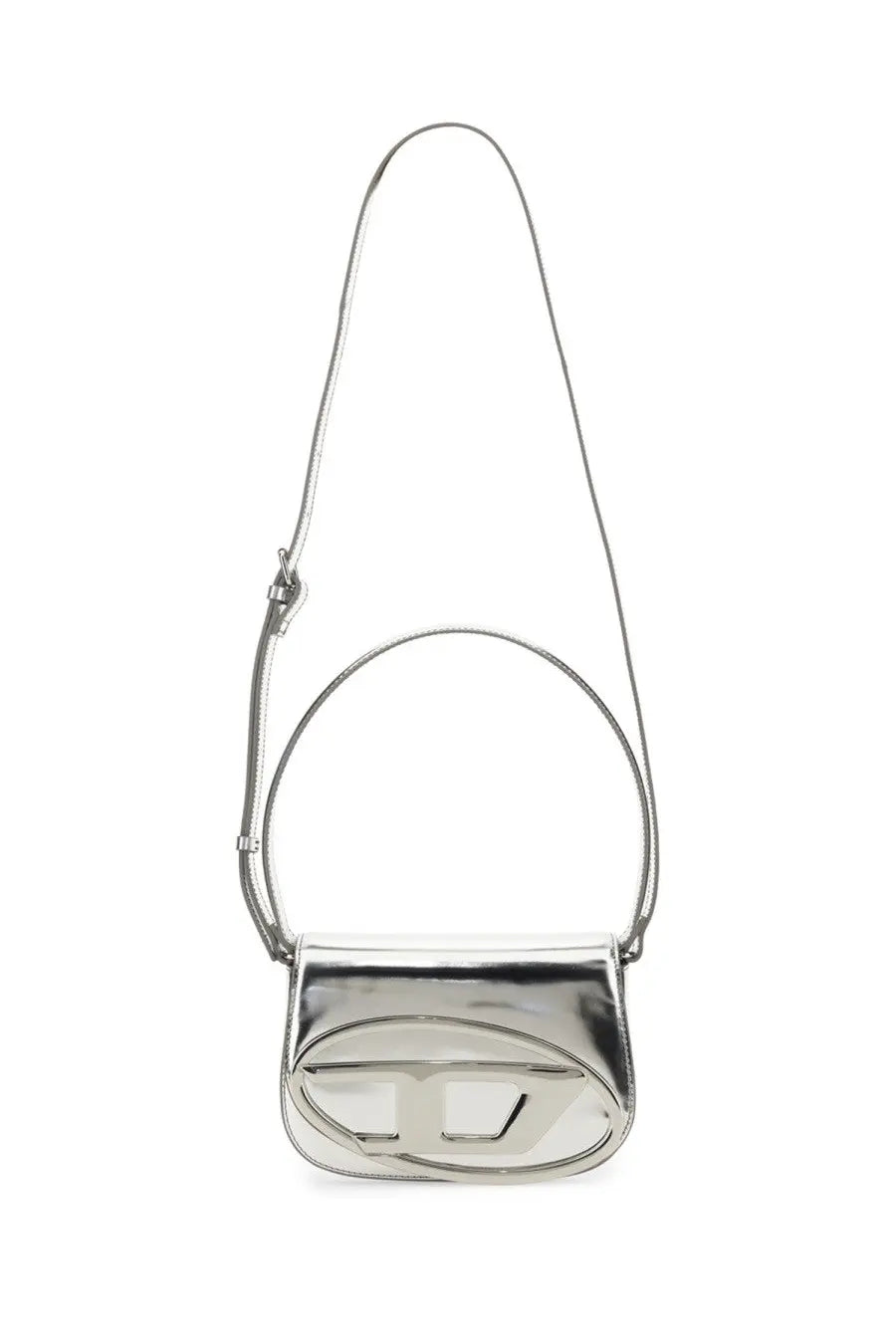 Diesel women’s shoulder bag silver metallic crossbody with sleek minimalist design and prominent logo emblem on front