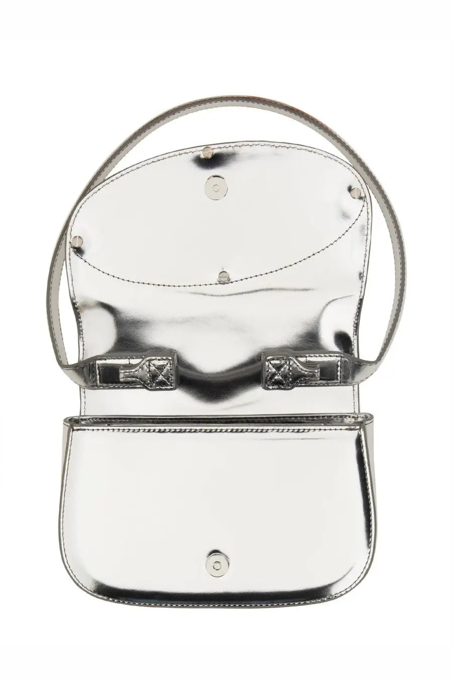 Diesel women’s shoulder bag silver metallic handbag with glossy finish two quilted buckles and curved top handle