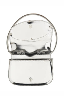 Diesel women’s shoulder bag silver metallic handbag with glossy finish two quilted buckles and curved top handle