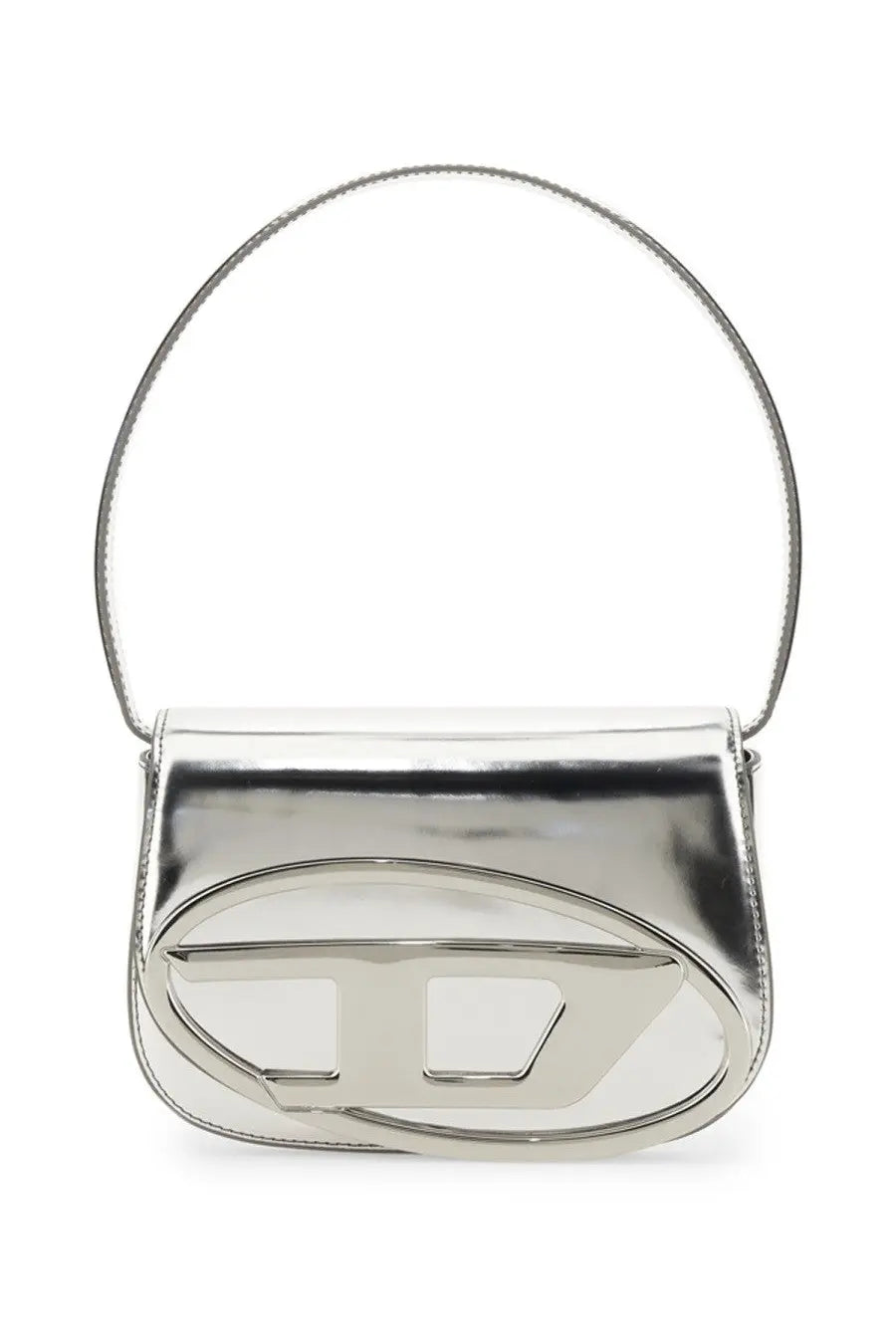 Diesel women’s shoulder bag silver metallic handbag with sleek minimalist design and oval-shaped logo cutout on front