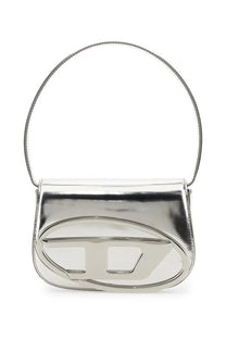 Diesel women’s shoulder bag silver metallic handbag with sleek minimalist design and oval-shaped logo cutout on front