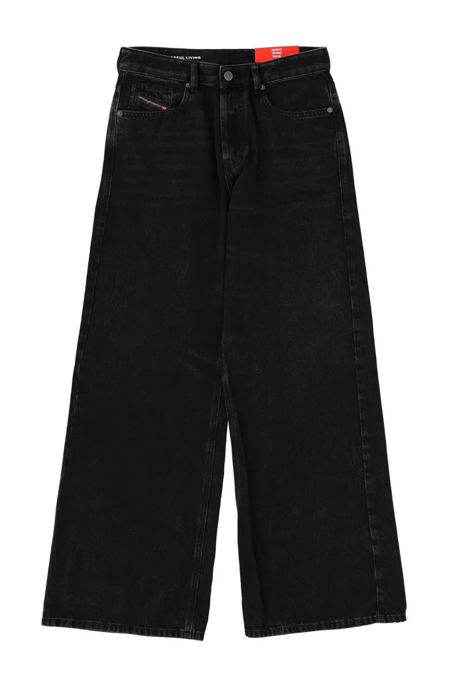 Black wide-leg denim trousers with high waist and diesel logo on front right pocket from diesel women’s sire jeans black