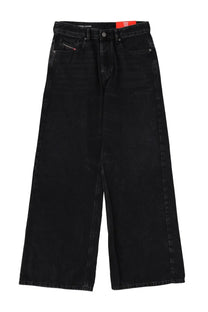 Black wide-leg denim trousers with high waist and diesel logo on front right pocket from diesel women’s sire jeans black
