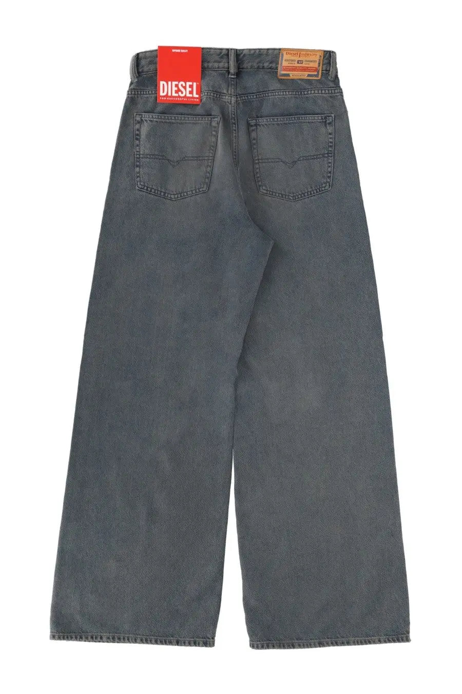 Dark gray denim wide-leg jeans with visible stitching and diesel brand label on waistband for women