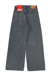 Dark gray denim wide-leg jeans with visible stitching and diesel brand label on waistband for women