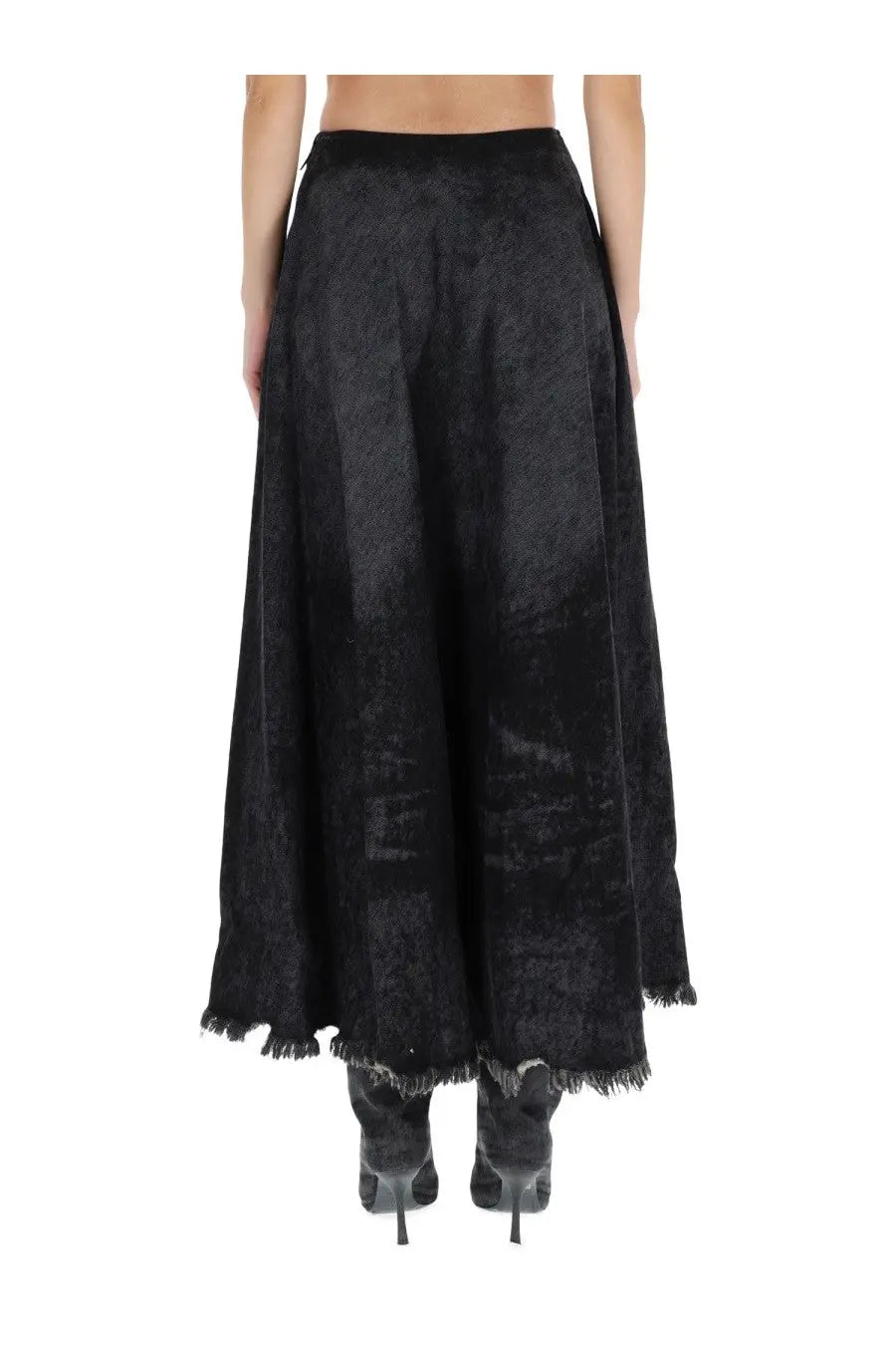 Diesel women’s black velvet maxi skirt with subtle textured pattern and frayed hem front view