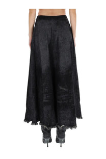 Diesel women’s black velvet maxi skirt with subtle textured pattern and frayed hem front view