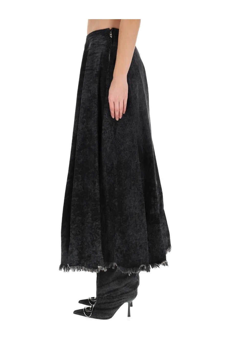 Diesel women’s black velvet maxi skirt with subtle textured pattern and frayed hem