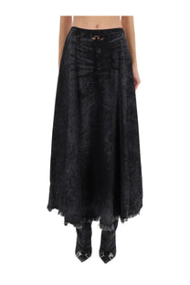 Diesel women’s black velvet midi skirt with subtle textured pattern and frayed hem