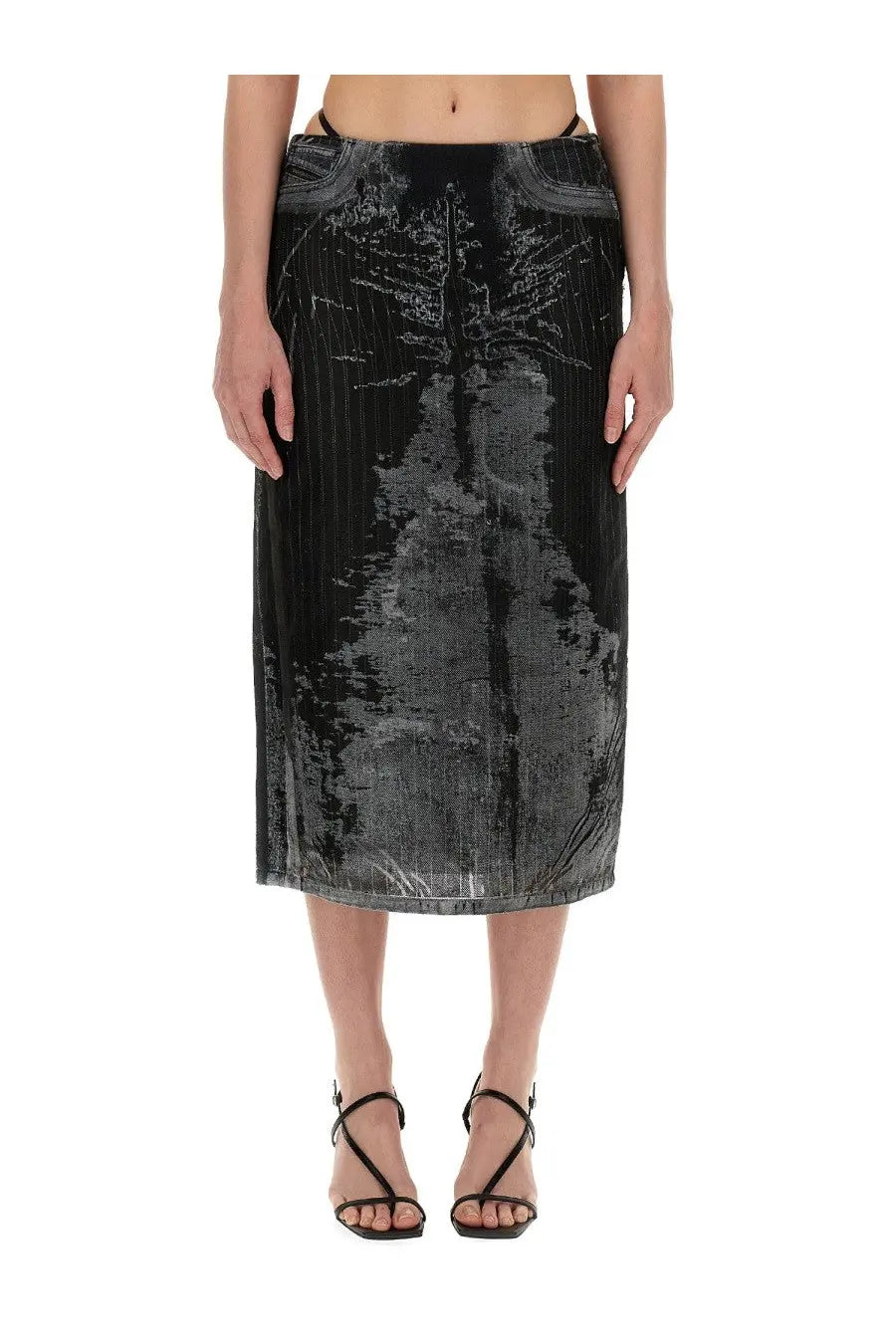 Diesel women’s black velvet midi skirt with distressed denim print and vertical ribbed texture front view