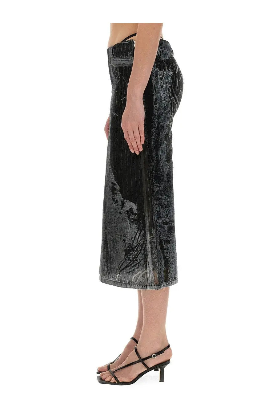 Diesel women’s black velvet midi skirt with distressed textured pattern and subtle sheen