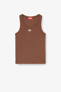 Diesel women’s slim fit ribbed brown cotton tank top with small white logo on chest and red brand tag at neckline